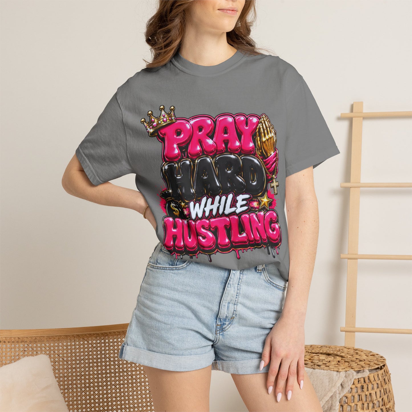 T-Shirt — "Pray Hard While Hustling" Graphic Tee (Streetwear Motivational)