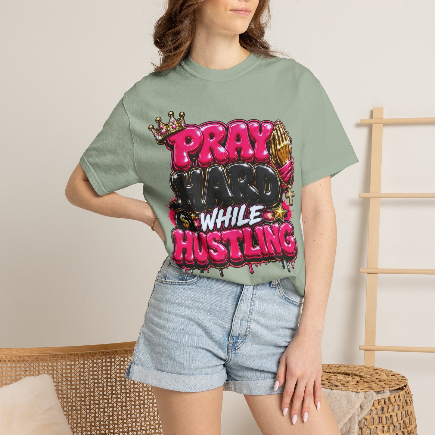 T-Shirt — "Pray Hard While Hustling" Graphic Tee (Streetwear Motivational)