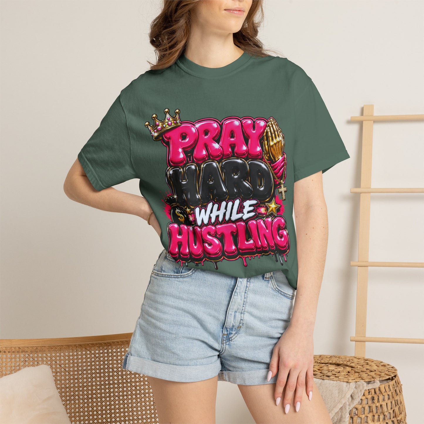 T-Shirt — "Pray Hard While Hustling" Graphic Tee (Streetwear Motivational)