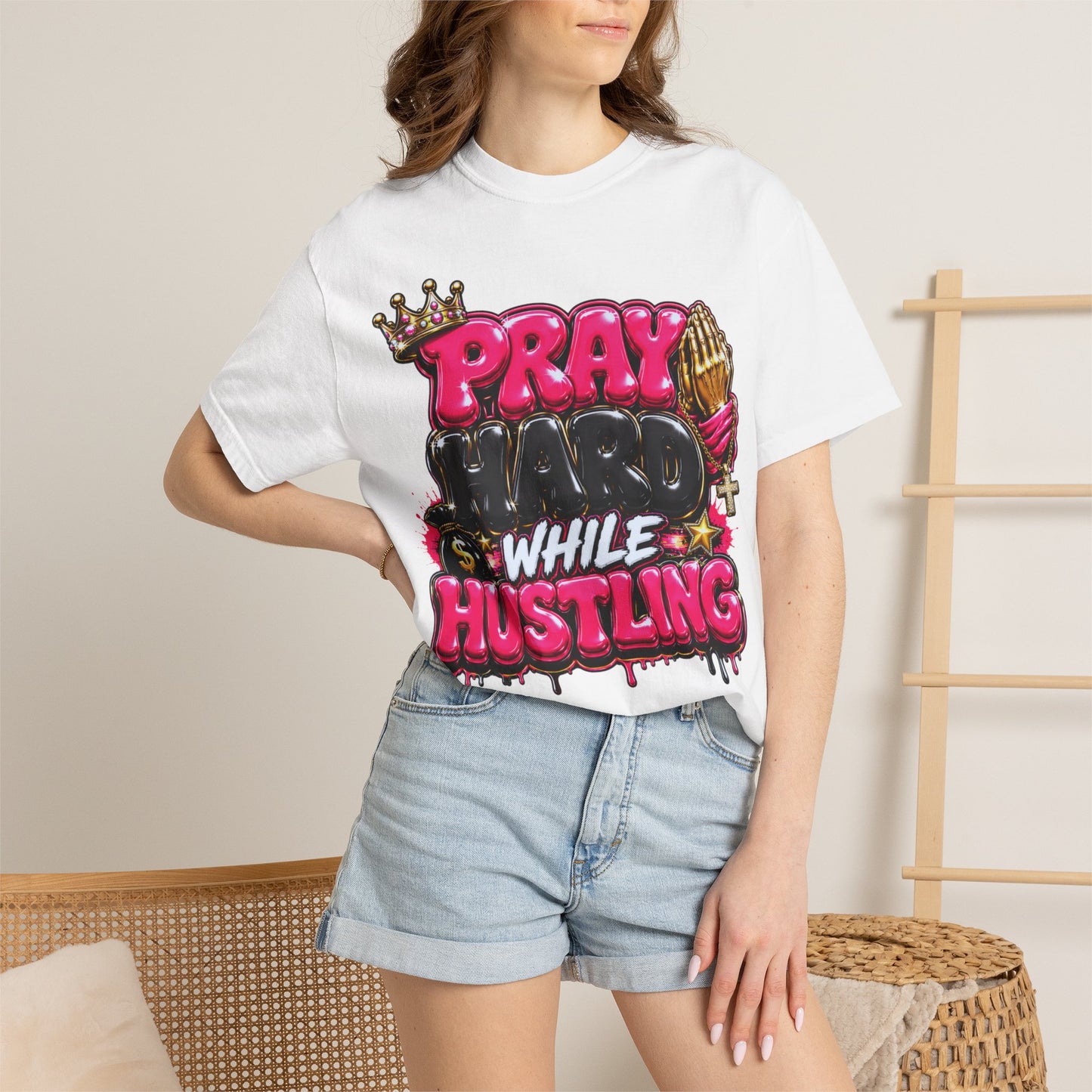 T-Shirt — "Pray Hard While Hustling" Graphic Tee (Streetwear Motivational)