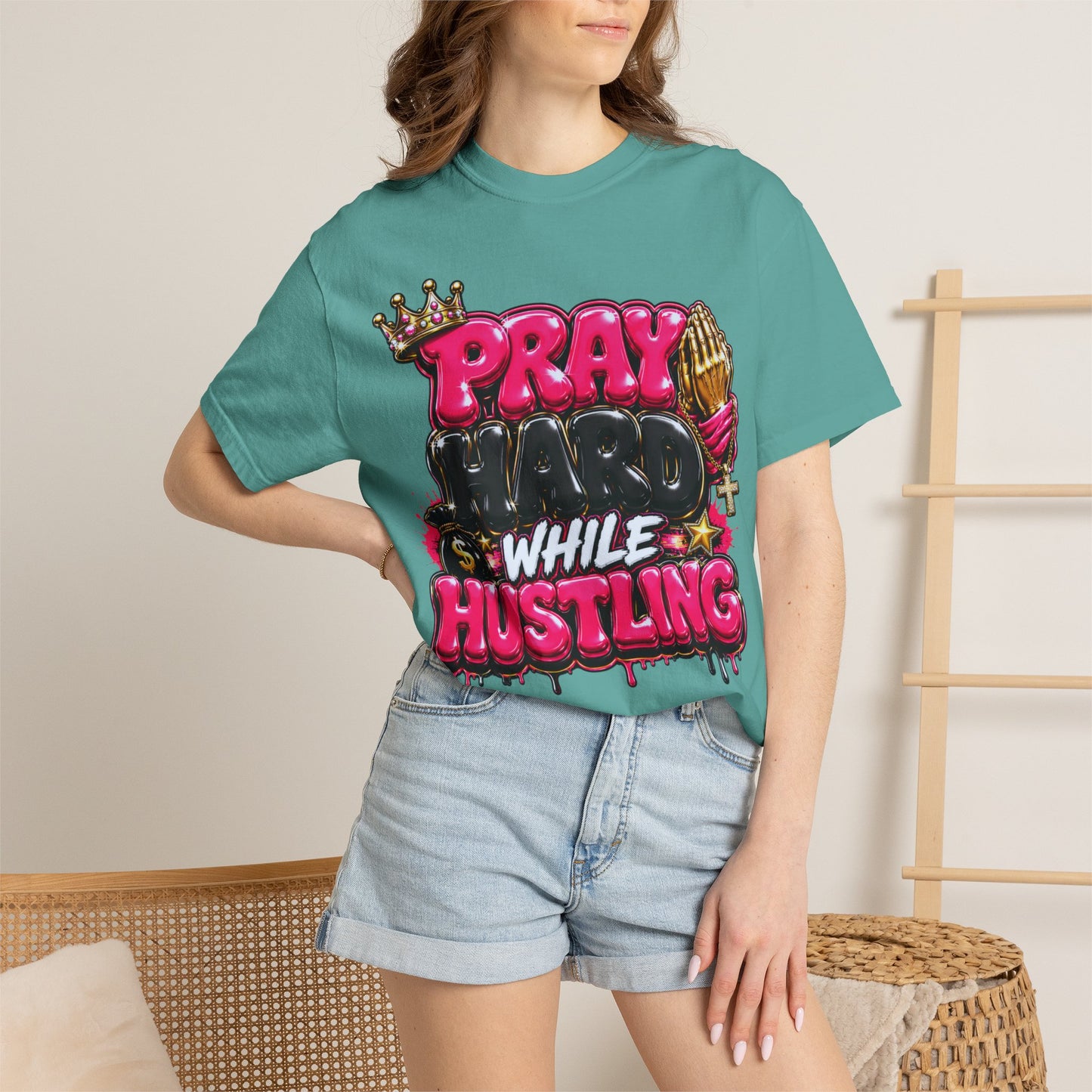 T-Shirt — "Pray Hard While Hustling" Graphic Tee (Streetwear Motivational)
