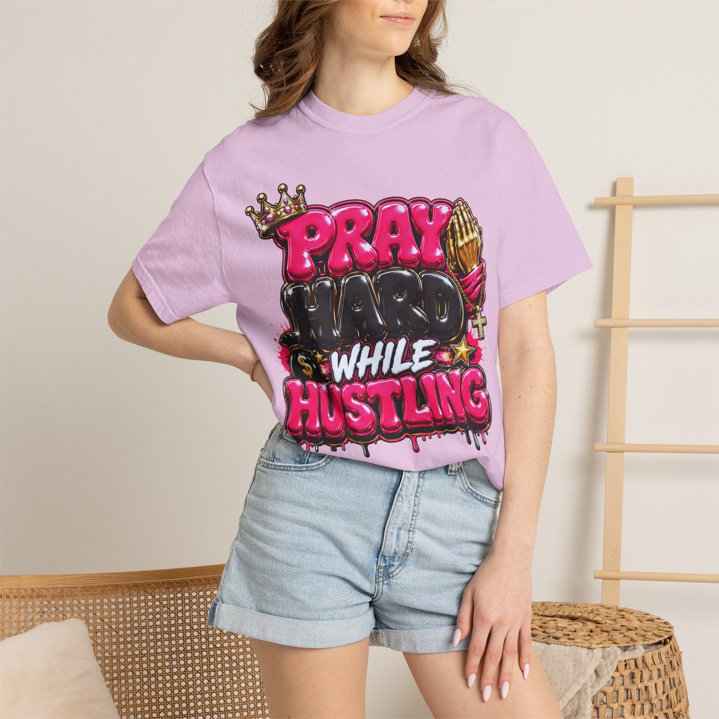 T-Shirt — "Pray Hard While Hustling" Graphic Tee (Streetwear Motivational)