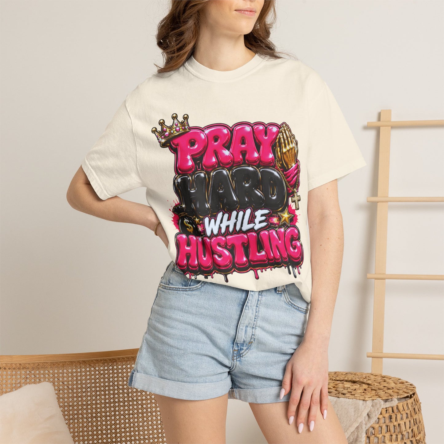 T-Shirt — "Pray Hard While Hustling" Graphic Tee (Streetwear Motivational)